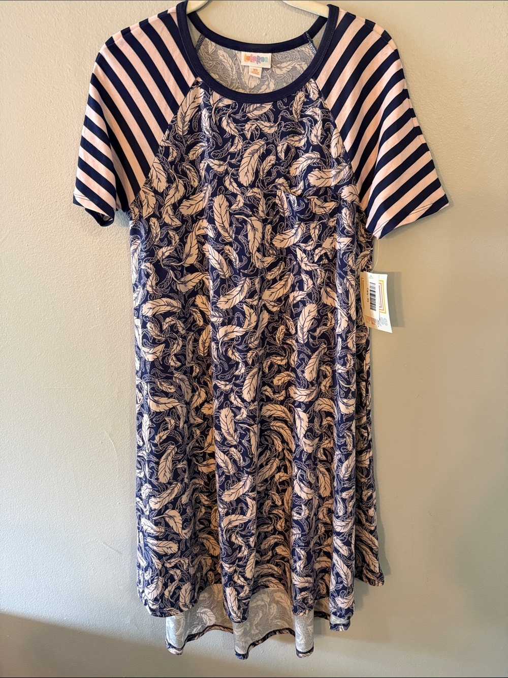 LuLaRoe Navy and Blush Feather-Print Raglan Swing Dress